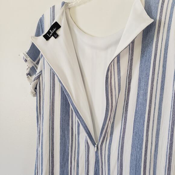 Lulu's Shift Dress Short Sleeve Rayon Blue White Vertical Stripes Mini Dress L - Picture 7 of 9